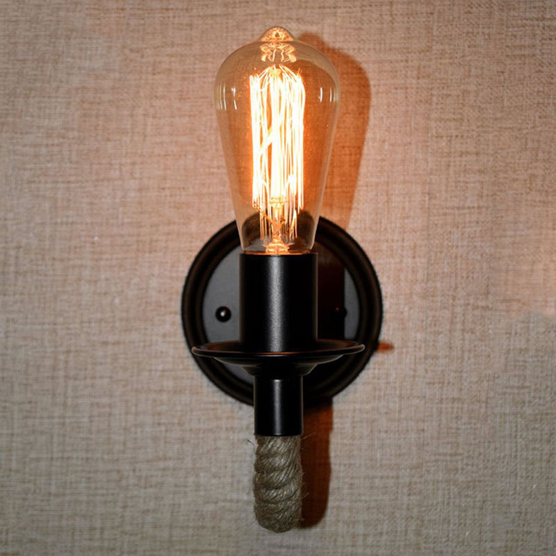 Siopsrl| Black 1 Bulb Wall Lamp Fixture Lodge Metal Oval/Round Back Plate Wall Light with Curved Rope Arm