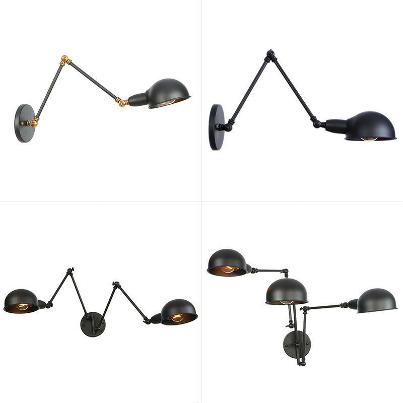 Siopsrl| Industrial Dome-Shaped Wall Lamp Kit Single Bulb Iron Wall Mount Lighting Fixture with Swing Arm in Black, 6"+6"/12"+6" W