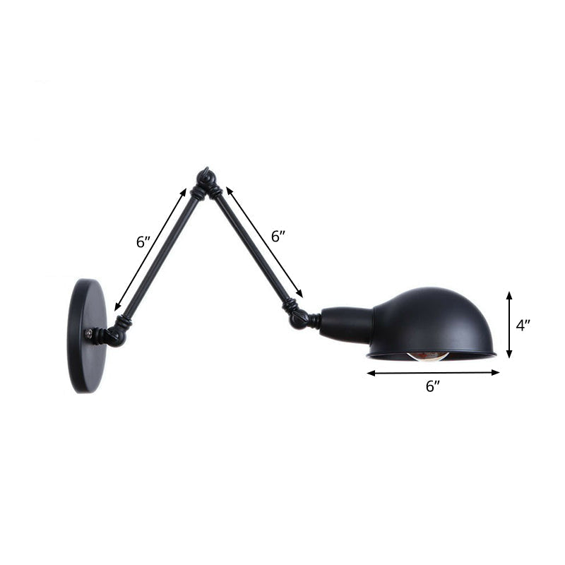 Siopsrl| Industrial Dome-Shaped Wall Lamp Kit Single Bulb Iron Wall Mount Lighting Fixture with Swing Arm in Black, 6"+6"/12"+6" W