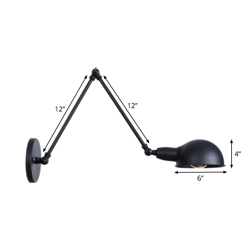 Siopsrl| Industrial Dome-Shaped Wall Lamp Kit Single Bulb Iron Wall Mount Lighting Fixture with Swing Arm in Black, 6"+6"/12"+6" W