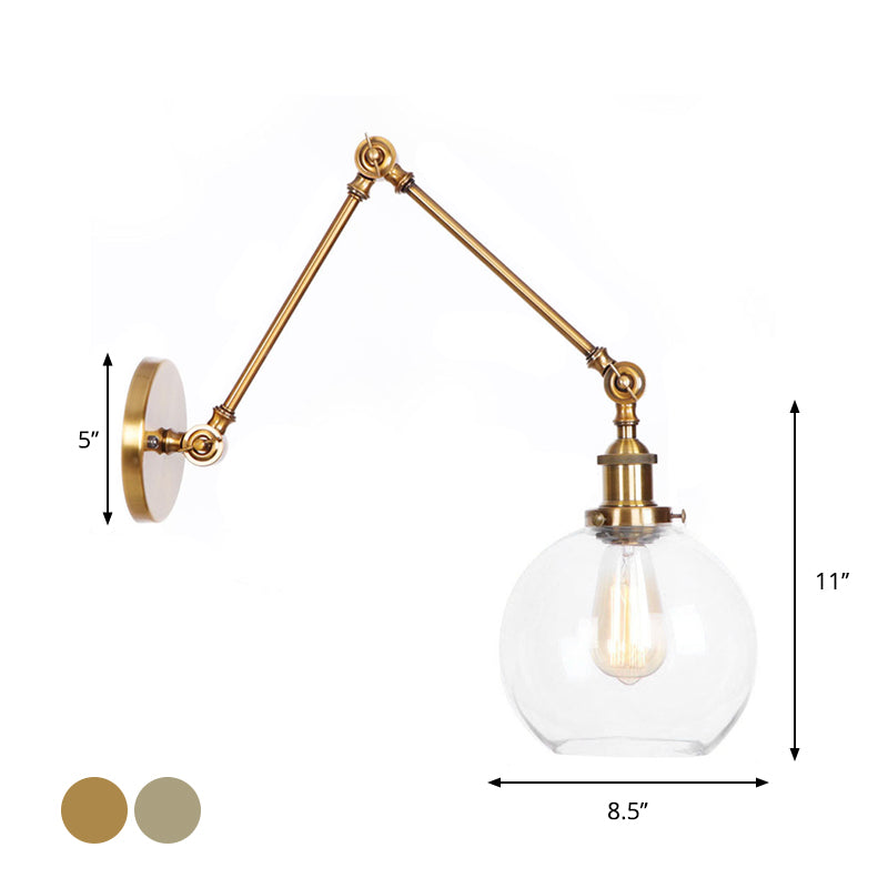 Siopsrl| 1-Light Clear Glass Wall Light Fixture Aged Brass/Bronze Swing Arm Wall Lamp with Bell/Ball Clear Glass Shade