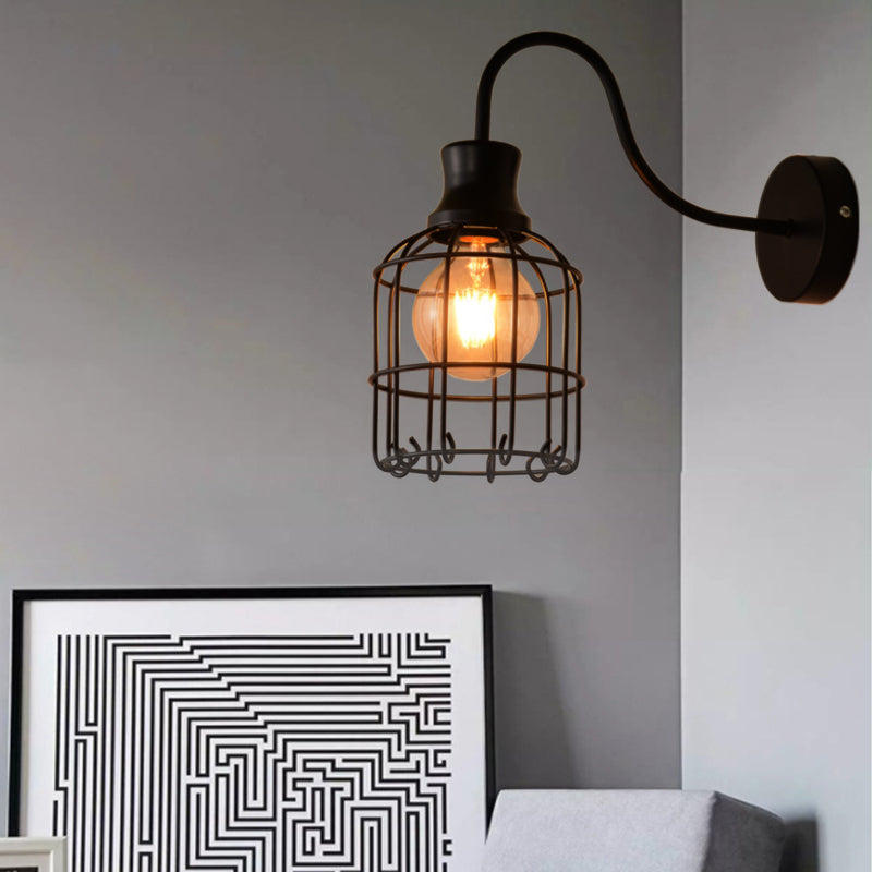Siopsrl| Metal Birdcage Wall Mount Lighting with Gooseneck Arm Vintage 1 Main Wall Lamp Sconces in Black