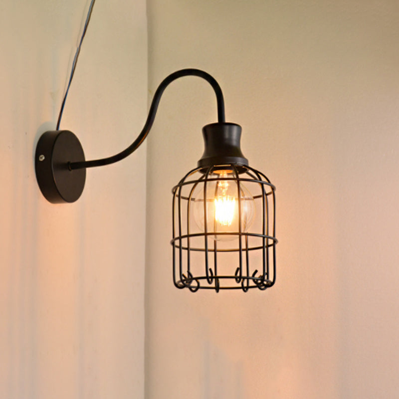 Siopsrl| Metal Birdcage Wall Mount Lighting with Gooseneck Arm Vintage 1 Main Wall Lamp Sconces in Black