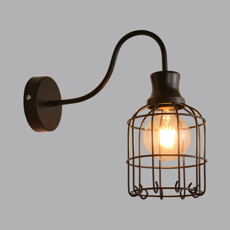 Siopsrl| Metal Birdcage Wall Mount Lighting with Gooseneck Arm Vintage 1 Main Wall Lamp Sconces in Black