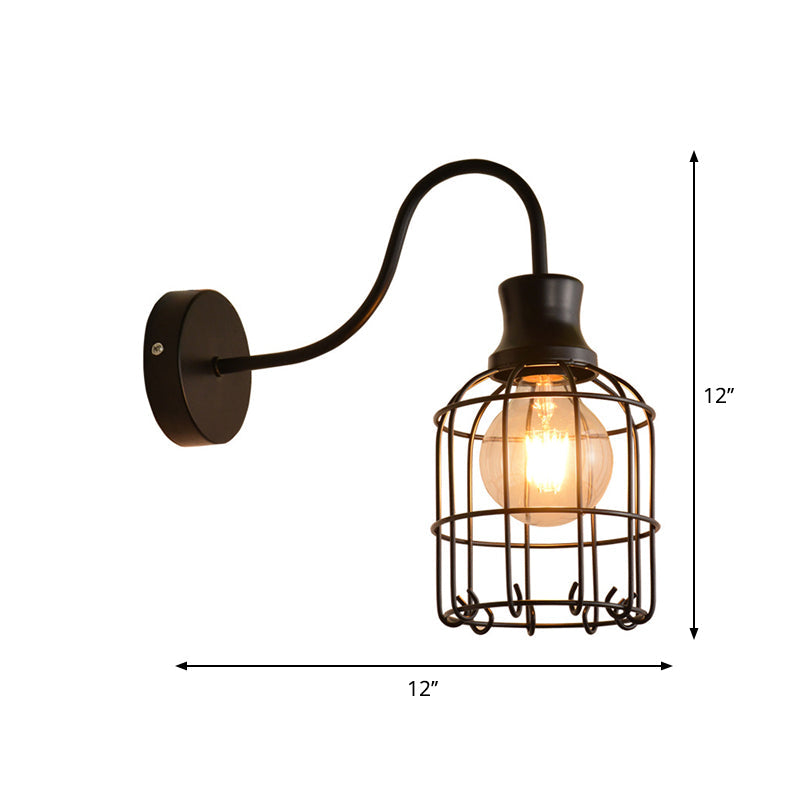 Siopsrl| Metal Birdcage Wall Mount Lighting with Gooseneck Arm Vintage 1 Main Wall Lamp Sconces in Black