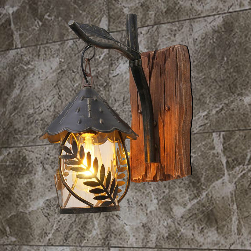 Siopsrl| A wall lamp with a glass bulb and cylindrical shade made of clear glass, industrial wall lamp for the living room with leaf branch in black