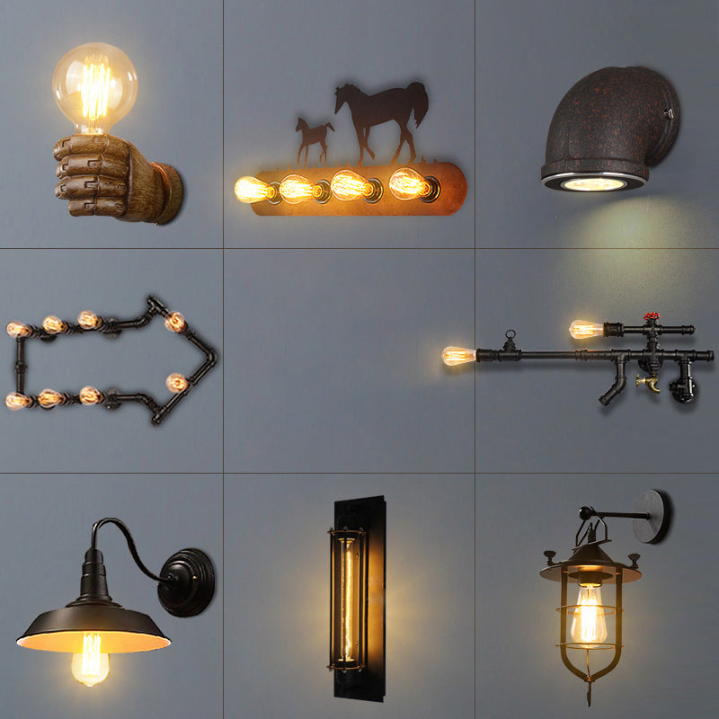Siopsrl| Iron Black Surface Wall Sconce Water Pipe/Cage/Fist-shaped 1-Bulb Industrial Style Wall Mounted Light Fixture