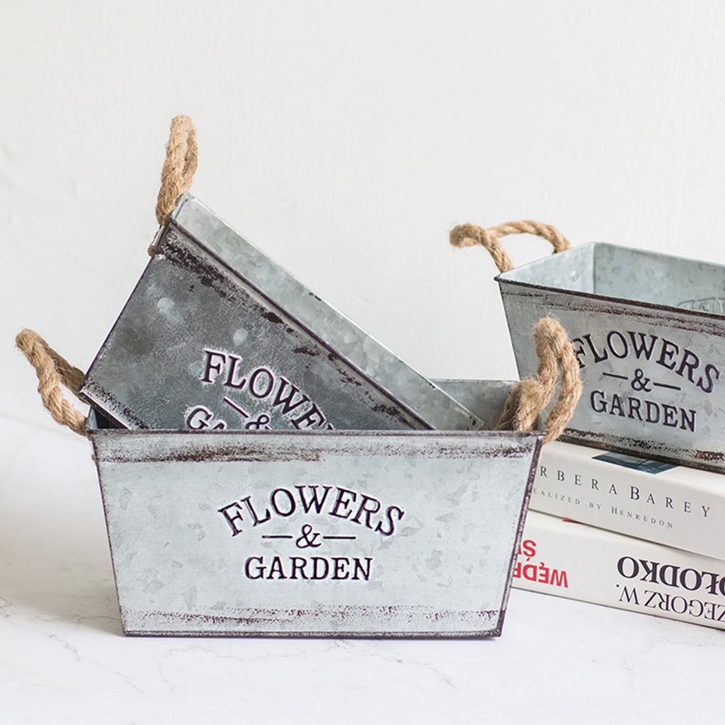 Siopsrl| Decorative flower and garden container made of metal with hemp rope handles