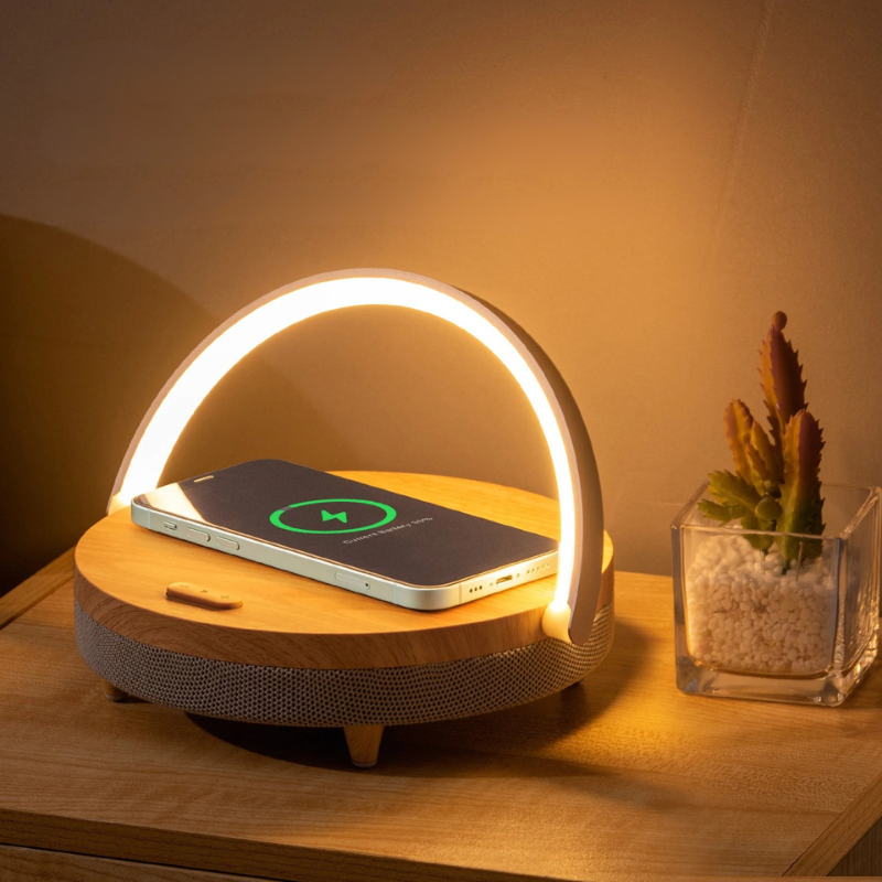 Siopsrl| Multifunctional Wooden Table Lamp with Bluetooth Speaker & Wireless Charger