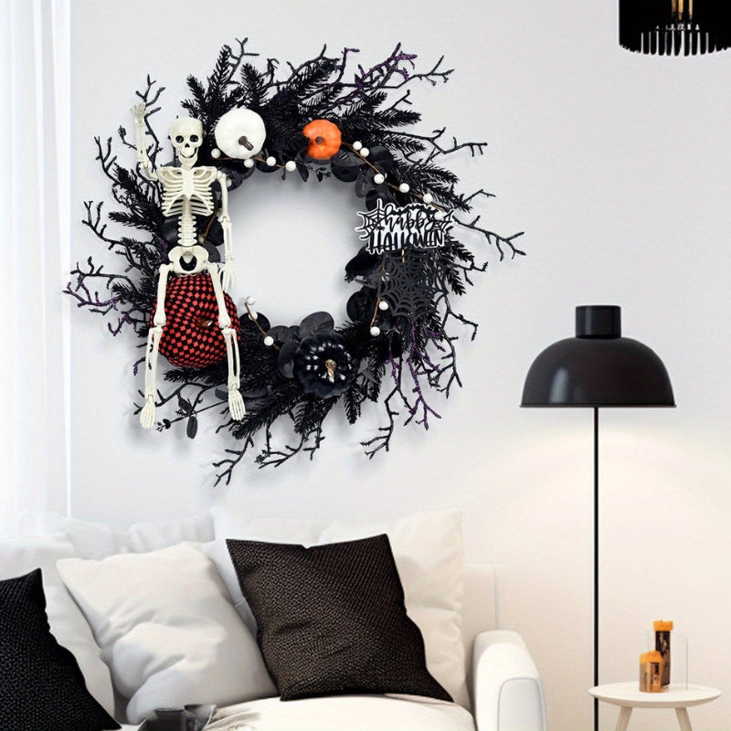 Siopsrl| Halloween Door Wreath with Skeleton and Pumpkin – Atmospheric Seasonal Decoration