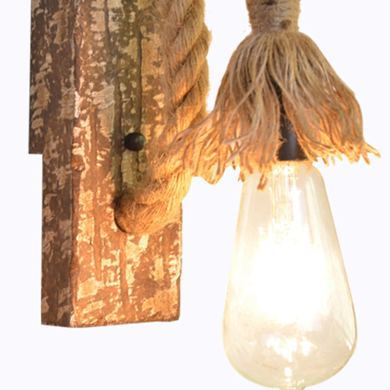 Siopsrl| 1 Light Bare Bulb Wall Lamp Fixture Warehouse Beige Jute Rope Wall Mounted Light with Wooden Back Plate