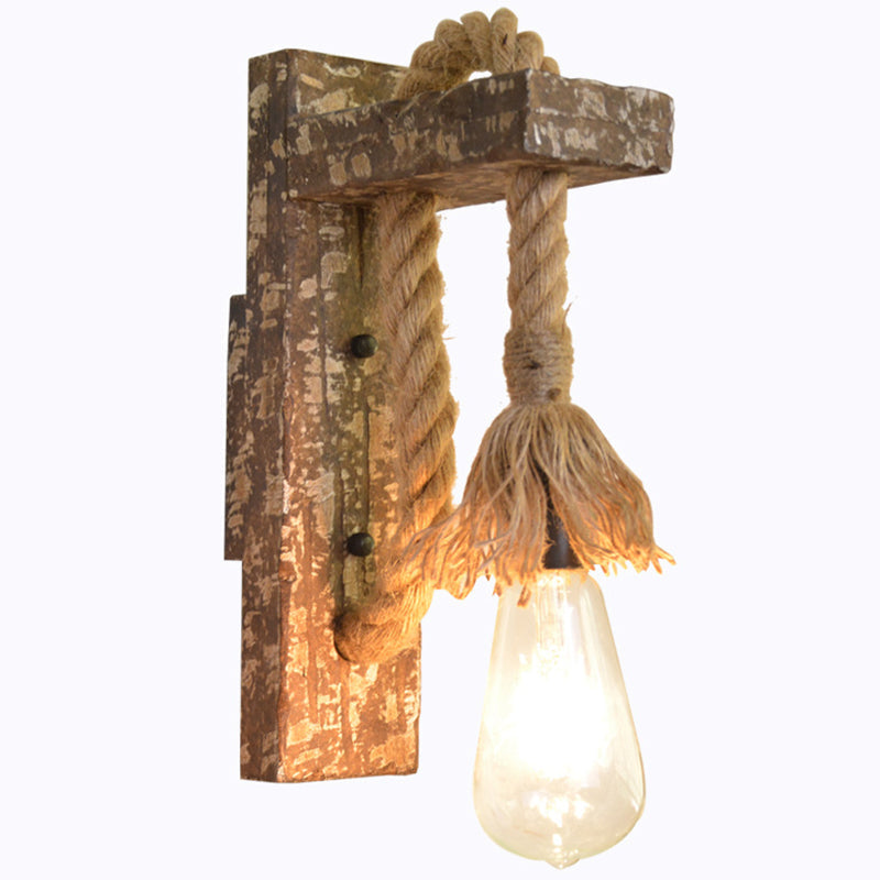 Siopsrl| 1 Light Bare Bulb Wall Lamp Fixture Warehouse Beige Jute Rope Wall Mounted Light with Wooden Back Plate