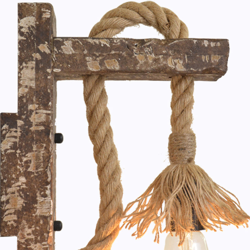 Siopsrl| 1 Light Bare Bulb Wall Lamp Fixture Warehouse Beige Jute Rope Wall Mounted Light with Wooden Back Plate