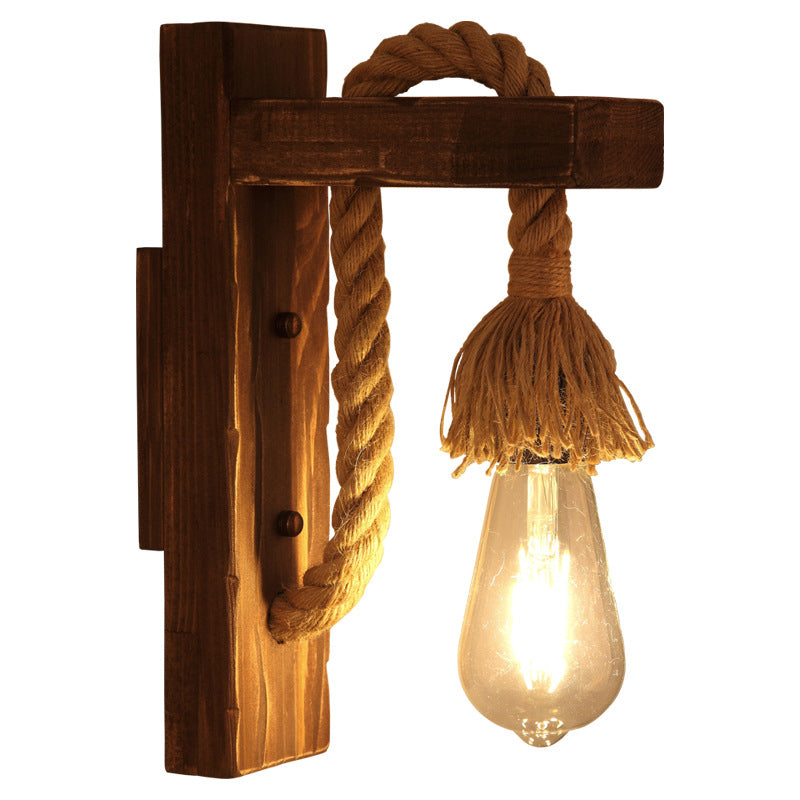 Siopsrl| Brown L-shaped wall-mounted lighting Rustic wood 1 light dining room wall light with hemp rope cable
