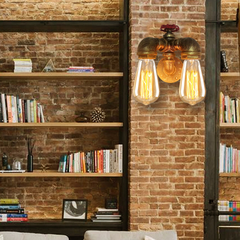 Siopsrl| Curved Pipe Metal Wall Lighting Factory 2 Heads Dining Room Wall Lamp Sconces in Rust with Valve Decoration