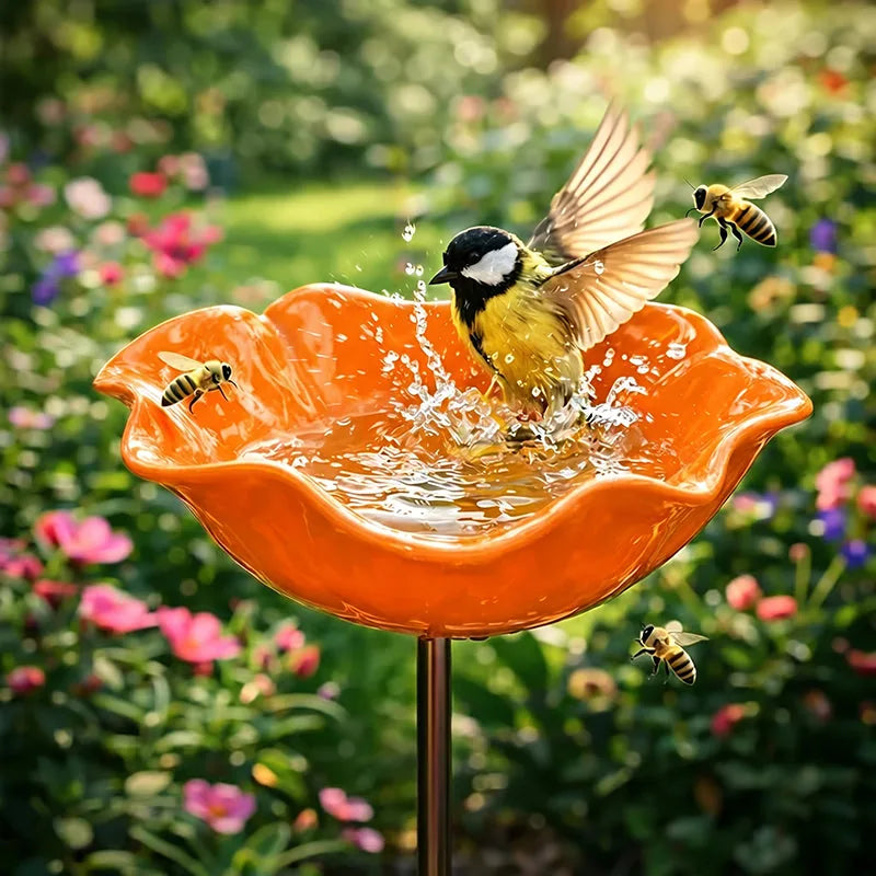 Garden Flower Bird Waterer Handmade Metal Flower Garden Stake