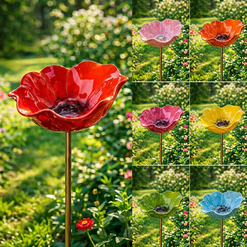 Garden Flower Bird Waterer Handmade Metal Flower Garden Stake