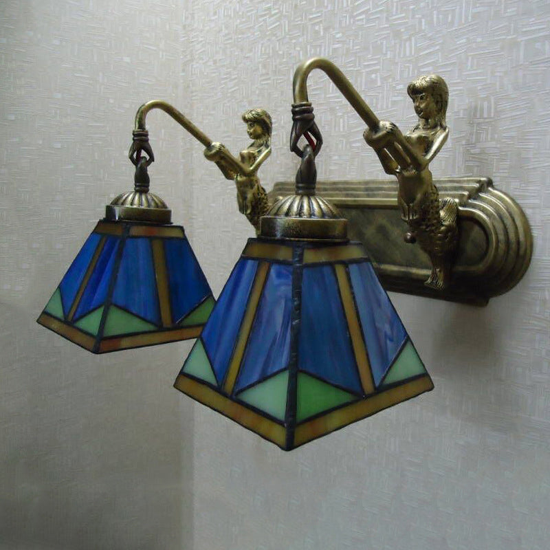 Siopsrl| Trapezium Wall Mount Lamp Fixture Tiffany Bronze Cut Glass Wall Lighting with Mermaid Arm