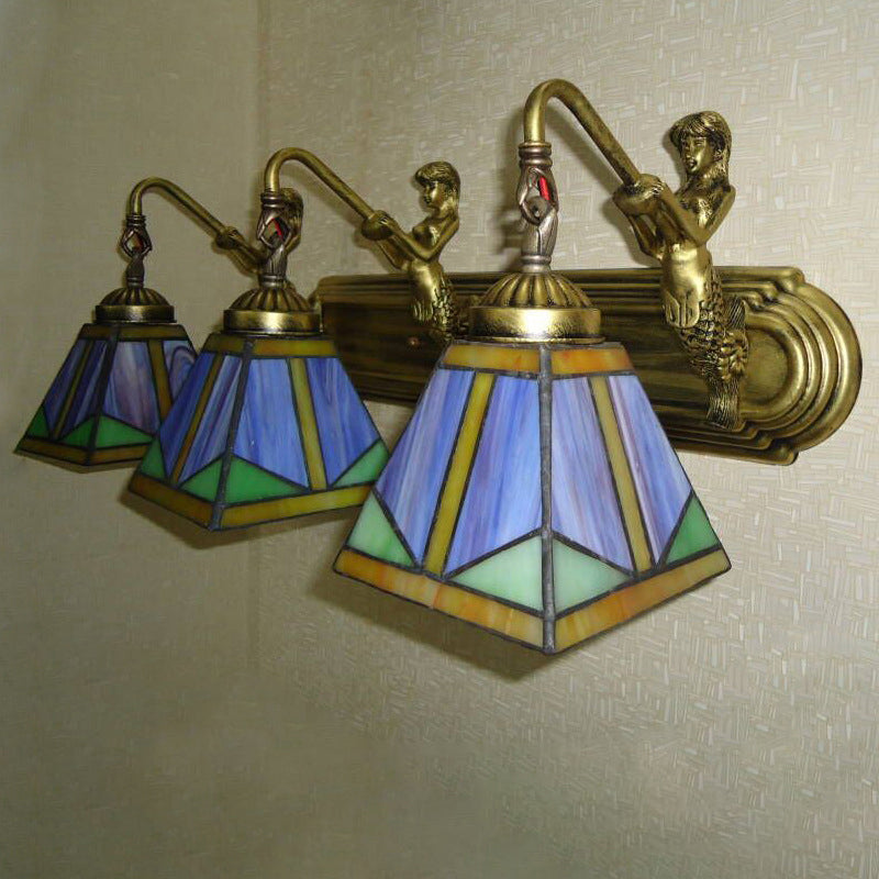 Siopsrl| Trapezium Wall Mount Lamp Fixture Tiffany Bronze Cut Glass Wall Lighting with Mermaid Arm