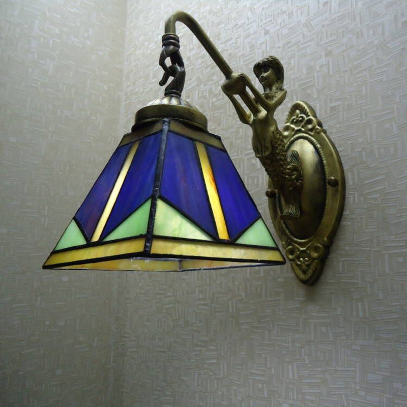 Siopsrl| Trapezium Wall Mount Lamp Fixture Tiffany Bronze Cut Glass Wall Lighting with Mermaid Arm
