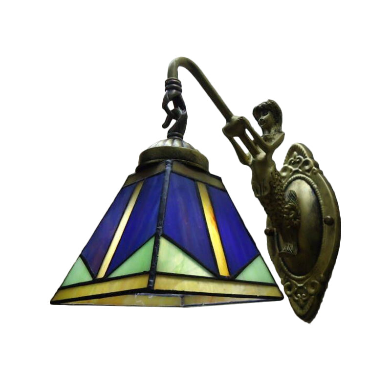 Siopsrl| Trapezium Wall Mount Lamp Fixture Tiffany Bronze Cut Glass Wall Lighting with Mermaid Arm