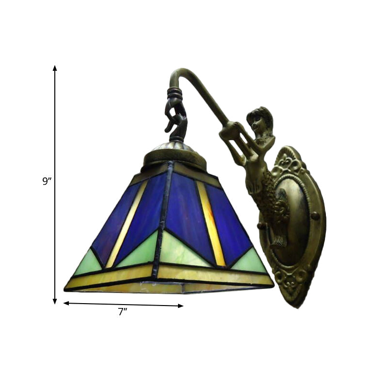 Siopsrl| Trapezium Wall Mount Lamp Fixture Tiffany Bronze Cut Glass Wall Lighting with Mermaid Arm