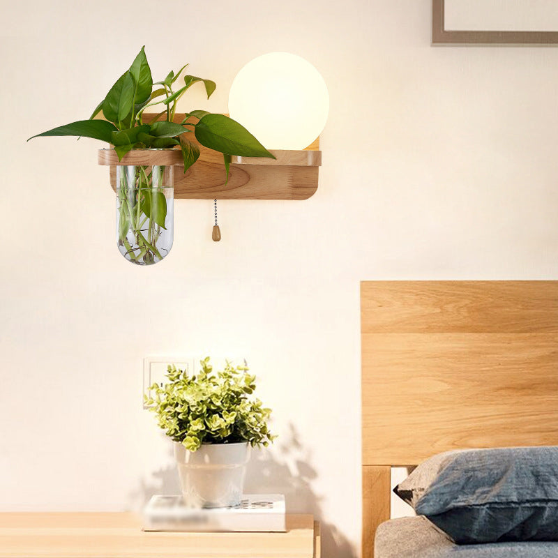 Siopsrl| Geometric Pull Chain Wall Light Simplicity White Glass Single Hall Wall Mounted Lamp in Wood