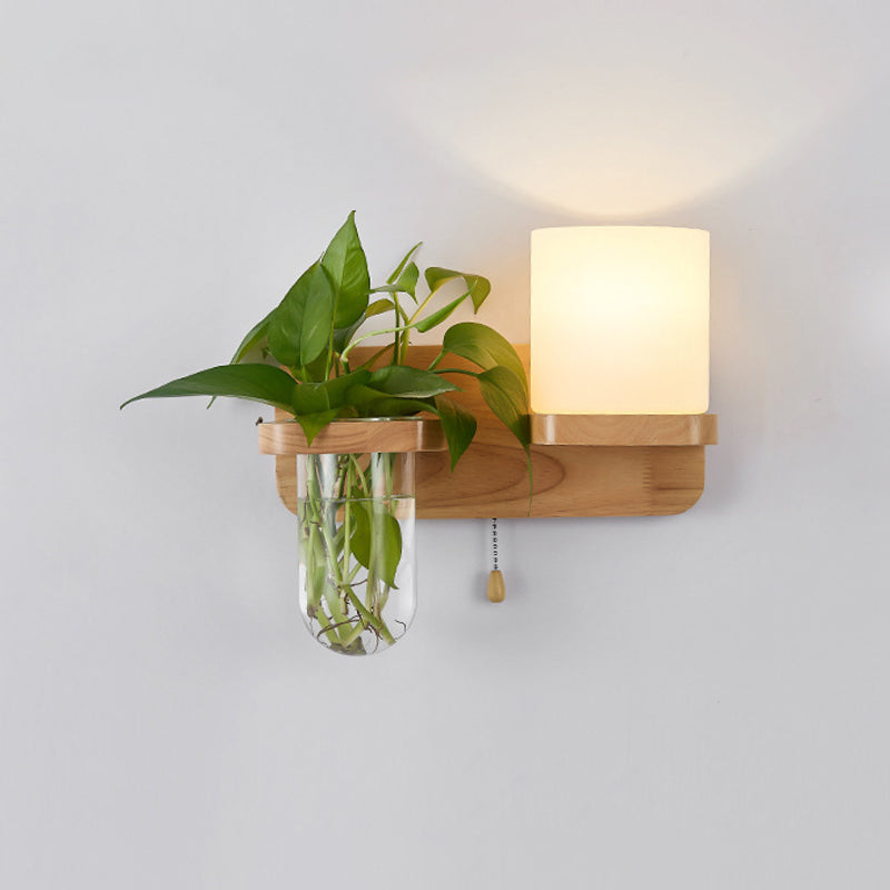 Siopsrl| Geometric Pull Chain Wall Light Simplicity White Glass Single Hall Wall Mounted Lamp in Wood