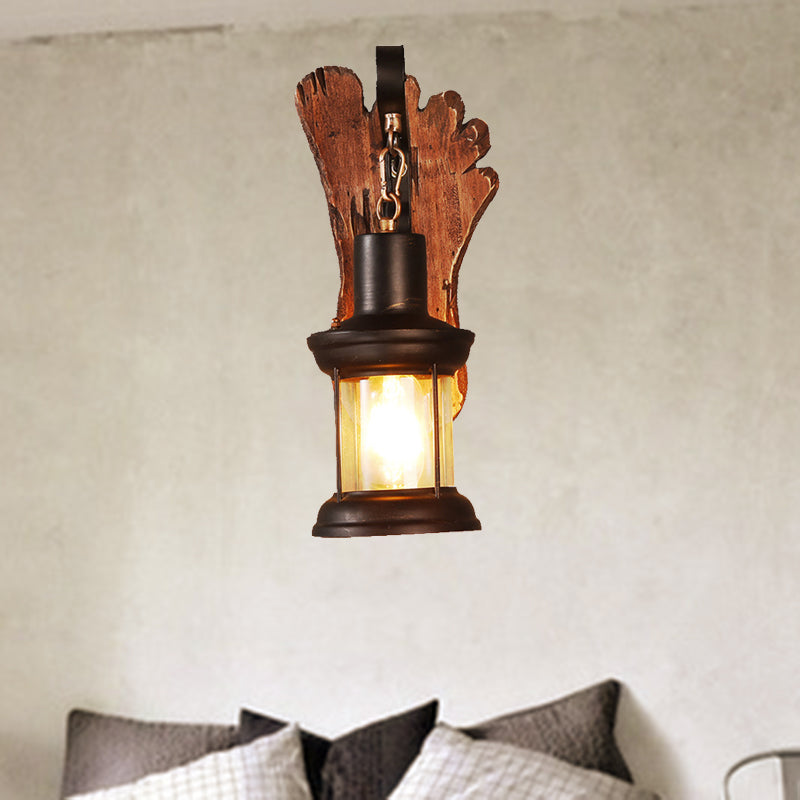 Siopsrl| Kerosene Dining Room Wall Lamp Coastal Clear Glass 1 Light Black Wall Lamp Light Fixture with Wooden Base/Axe Backplate