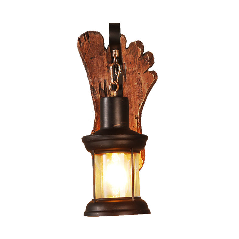 Siopsrl| Kerosene Dining Room Wall Lamp Coastal Clear Glass 1 Light Black Wall Lamp Light Fixture with Wooden Base/Axe Backplate