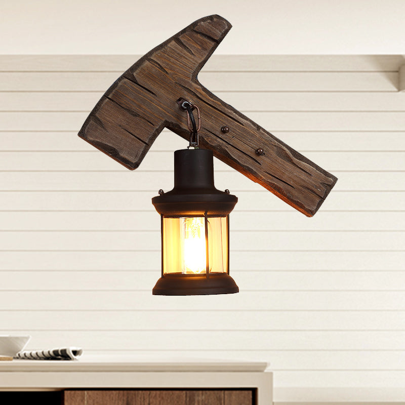 Siopsrl| Kerosene Dining Room Wall Lamp Coastal Clear Glass 1 Light Black Wall Lamp Light Fixture with Wooden Base/Axe Backplate