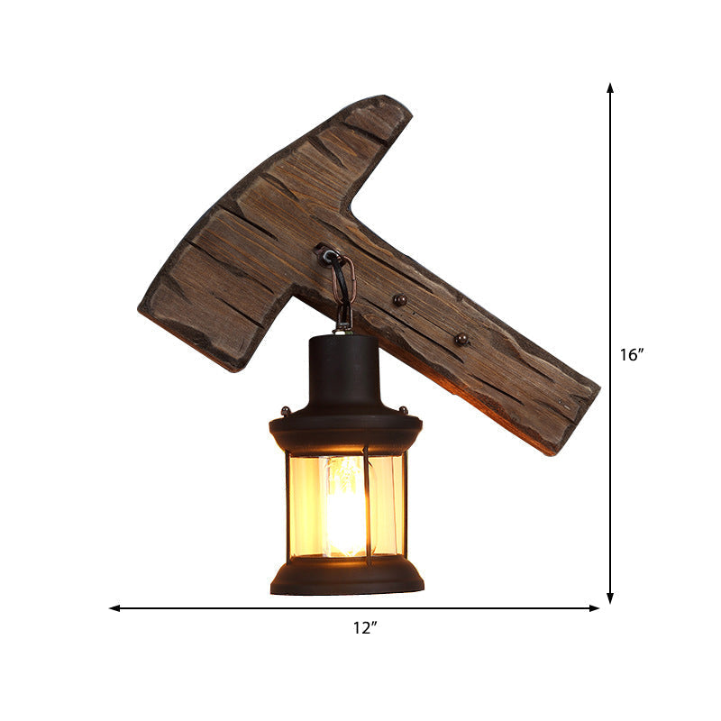 Siopsrl| Kerosene Dining Room Wall Lamp Coastal Clear Glass 1 Light Black Wall Lamp Light Fixture with Wooden Base/Axe Backplate