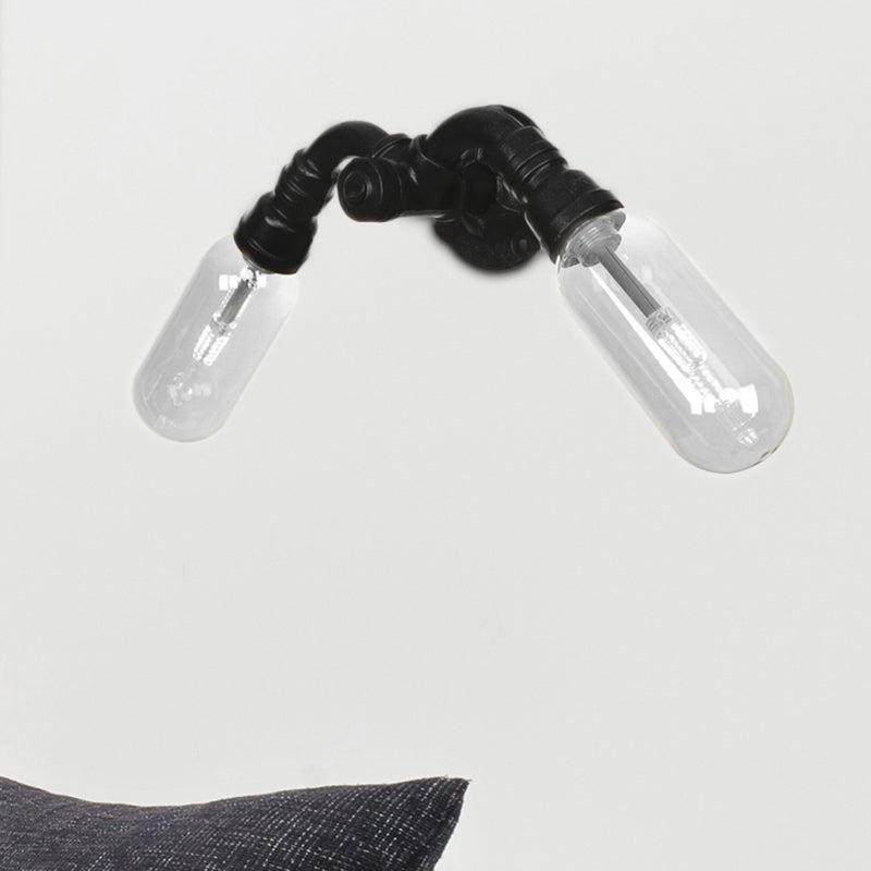 Siopsrl| Capsule Shade Bedroom Wall Light Industrial Metal 2 Lights Black Wall Light with Pipe Design