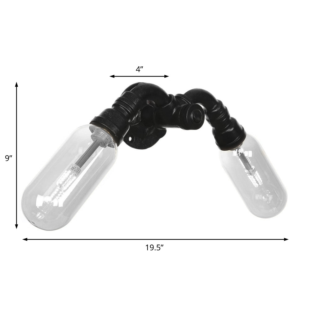 Siopsrl| Capsule Shade Bedroom Wall Light Industrial Metal 2 Lights Black Wall Light with Pipe Design
