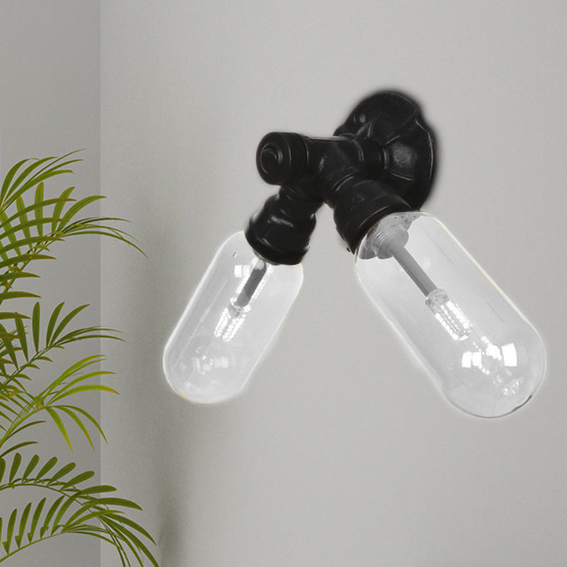 Siopsrl| Capsule Shade Bedroom Wall Light Industrial Metal 2 Lights Black Wall Light with Pipe Design