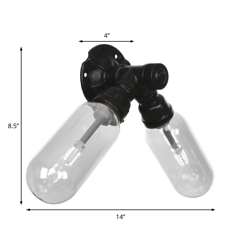 Siopsrl| Capsule Shade Bedroom Wall Light Industrial Metal 2 Lights Black Wall Light with Pipe Design