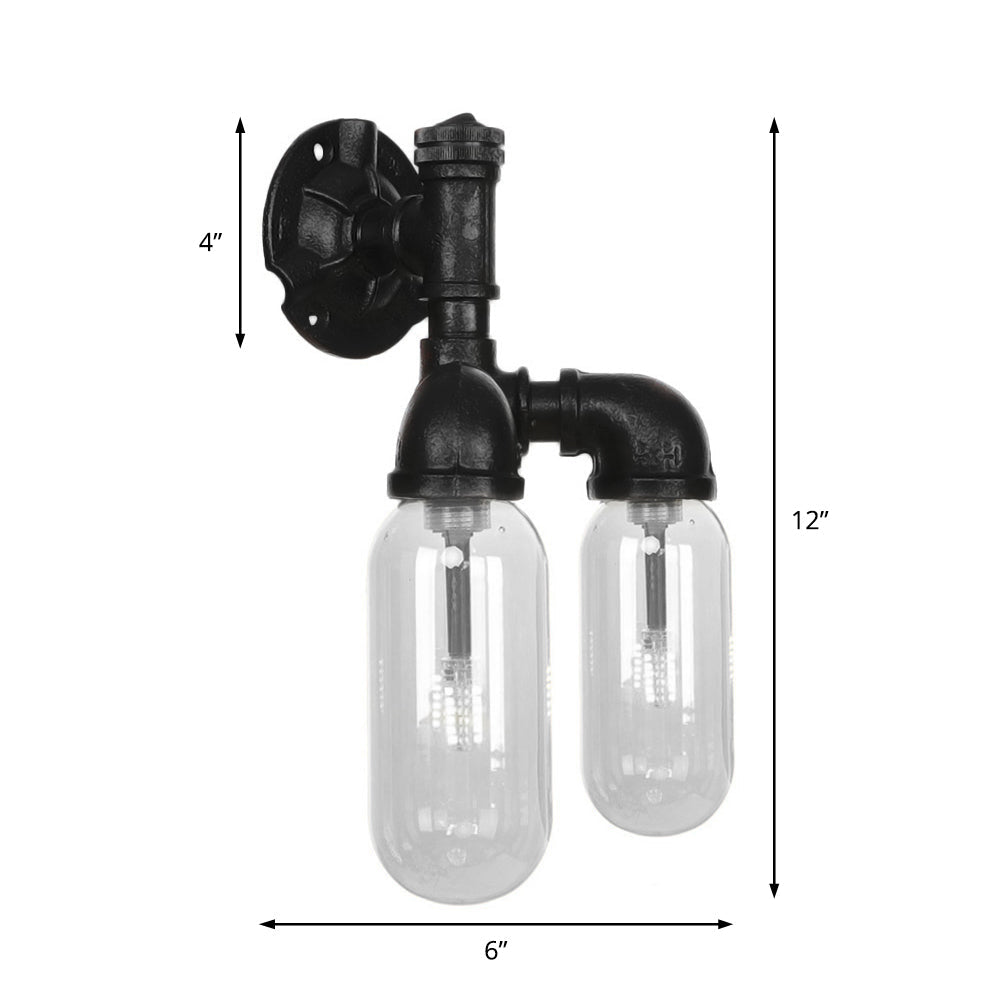 Siopsrl| Capsule Shade Bedroom Wall Light Industrial Metal 2 Lights Black Wall Light with Pipe Design