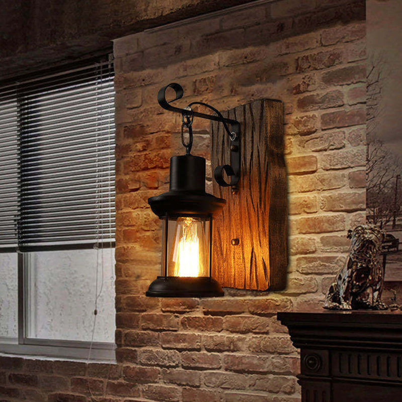 Siopsrl| Industrial Lantern Wall Mount Light 1-Light Iron Wall Light with Clear Glass Shade for Restaurant