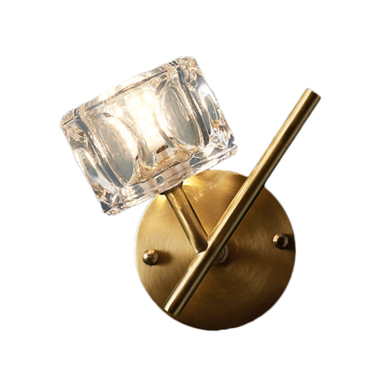 Siopsrl| 1/2-Light Bedroom Wall Lighting Contemporary Style Brass Finish with Square Clear Crystal Shade