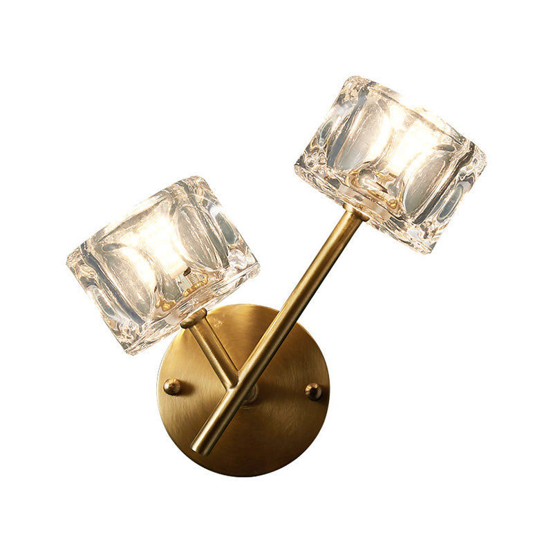 Siopsrl| 1/2-Light Bedroom Wall Lighting Contemporary Style Brass Finish with Square Clear Crystal Shade