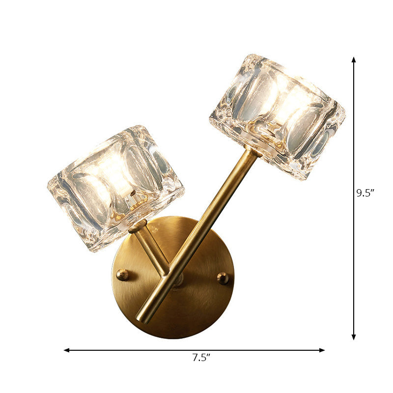 Siopsrl| 1/2-Light Bedroom Wall Lighting Contemporary Style Brass Finish with Square Clear Crystal Shade