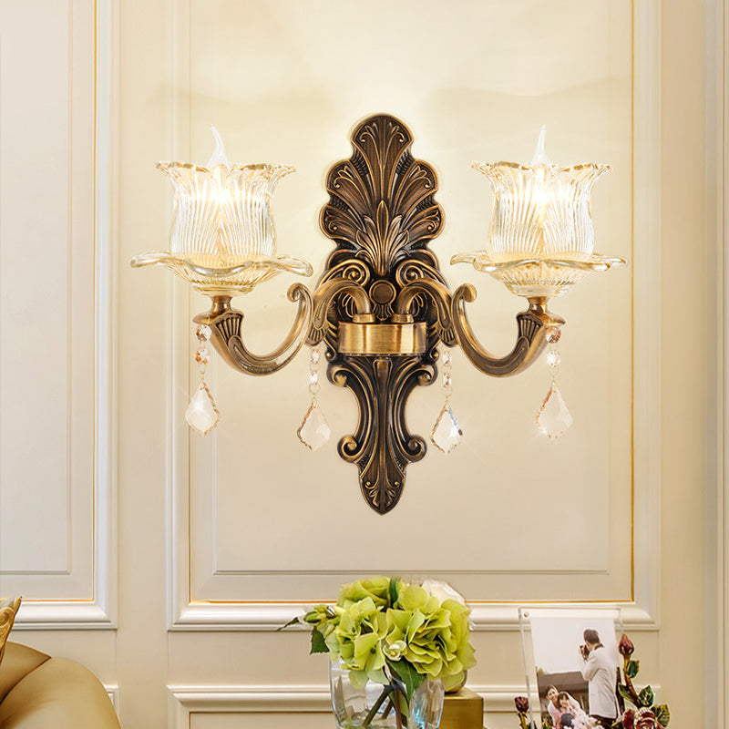 Siopsrl| 1/2-Light Living Room Wall Mount Lamp Vintage Style Brass Wall Light with Flower Clear Structured Glass Shade