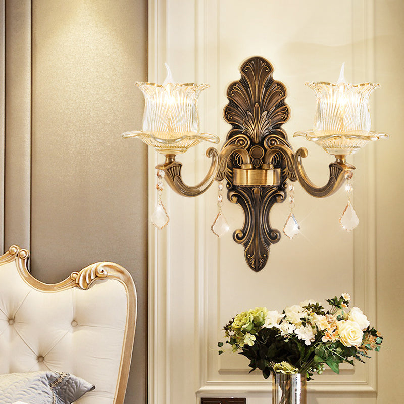 Siopsrl| 1/2-Light Living Room Wall Mount Lamp Vintage Style Brass Wall Light with Flower Clear Structured Glass Shade