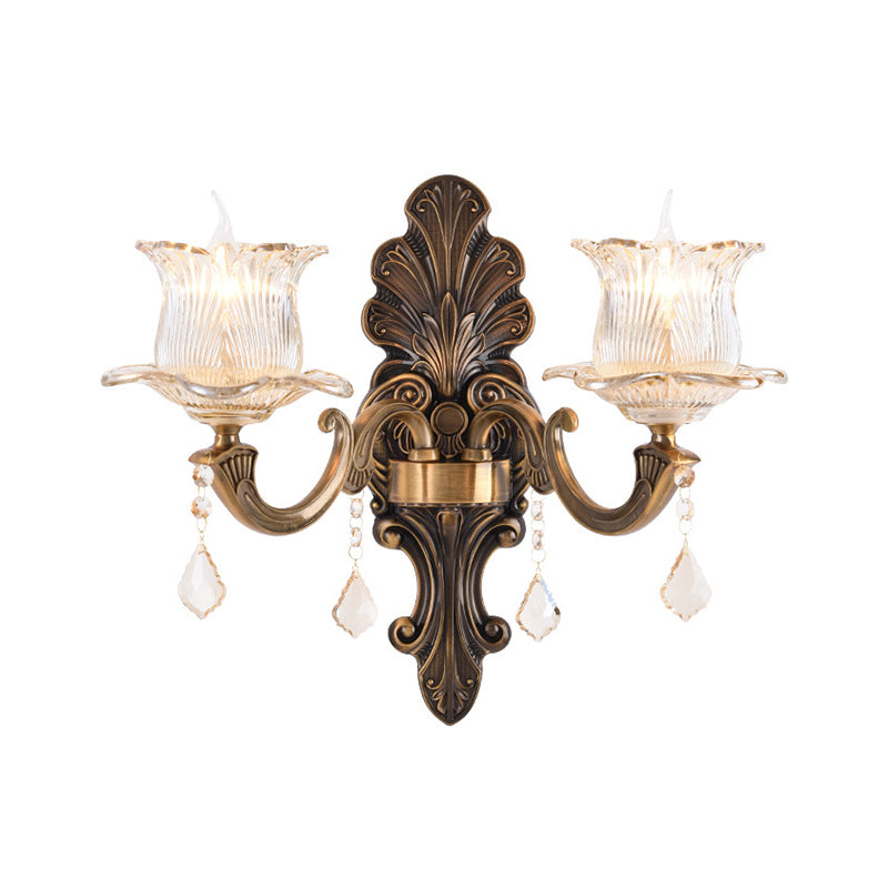 Siopsrl| 1/2-Light Living Room Wall Mount Lamp Vintage Style Brass Wall Light with Flower Clear Structured Glass Shade
