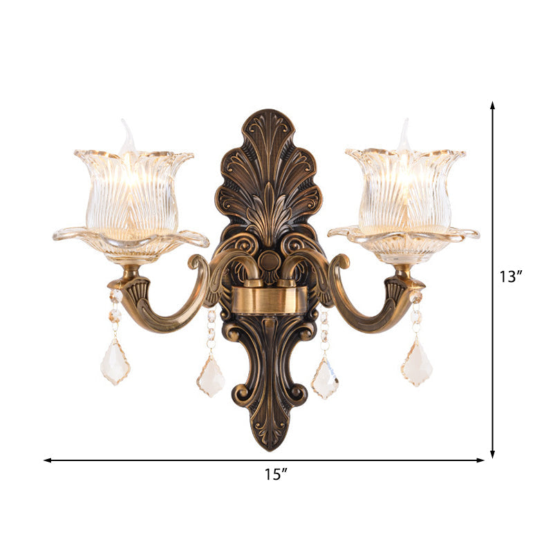 Siopsrl| 1/2-Light Living Room Wall Mount Lamp Vintage Style Brass Wall Light with Flower Clear Structured Glass Shade