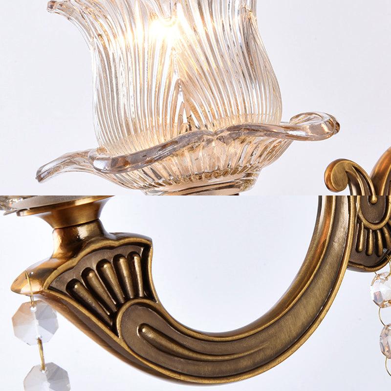 Siopsrl| 1/2-Light Living Room Wall Mount Lamp Vintage Style Brass Wall Light with Flower Clear Structured Glass Shade