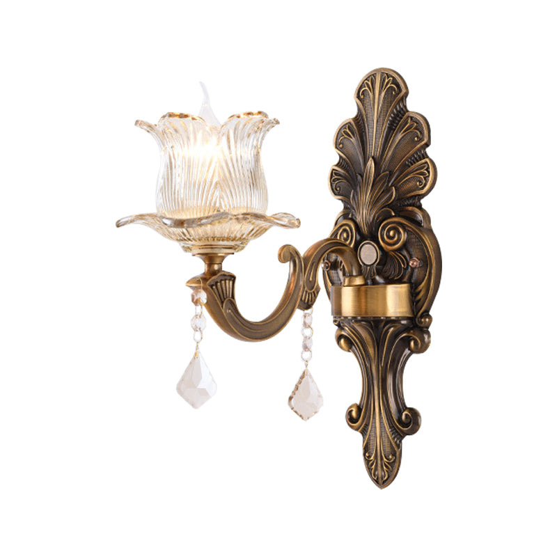 Siopsrl| 1/2-Light Living Room Wall Mount Lamp Vintage Style Brass Wall Light with Flower Clear Structured Glass Shade