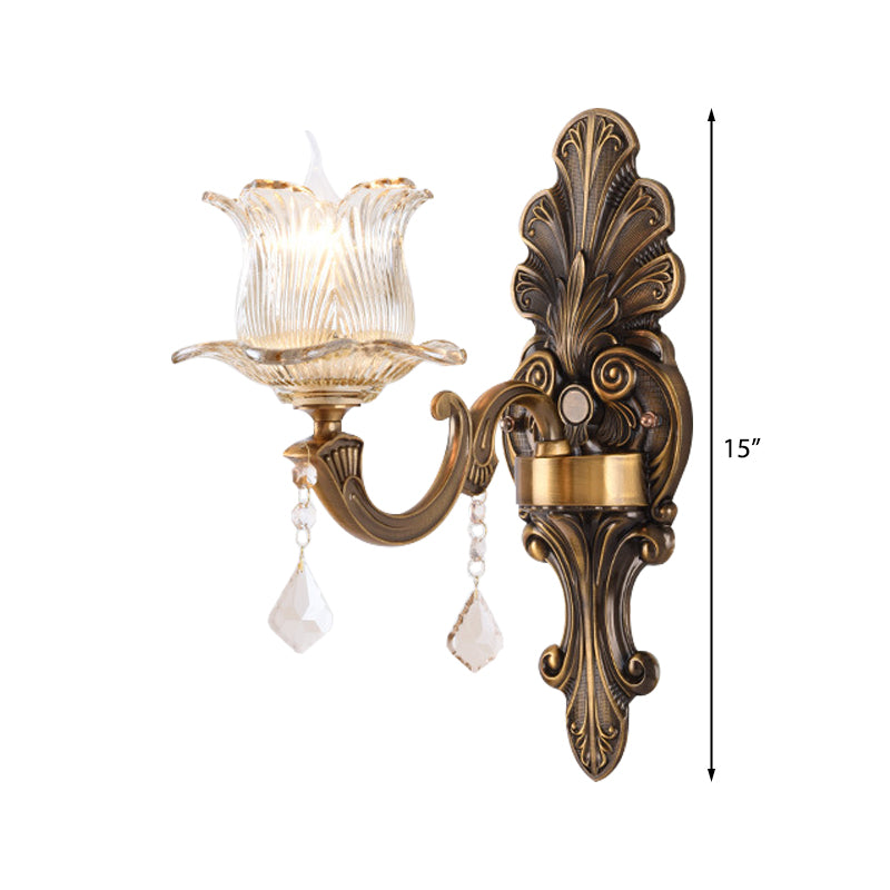 Siopsrl| 1/2-Light Living Room Wall Mount Lamp Vintage Style Brass Wall Light with Flower Clear Structured Glass Shade