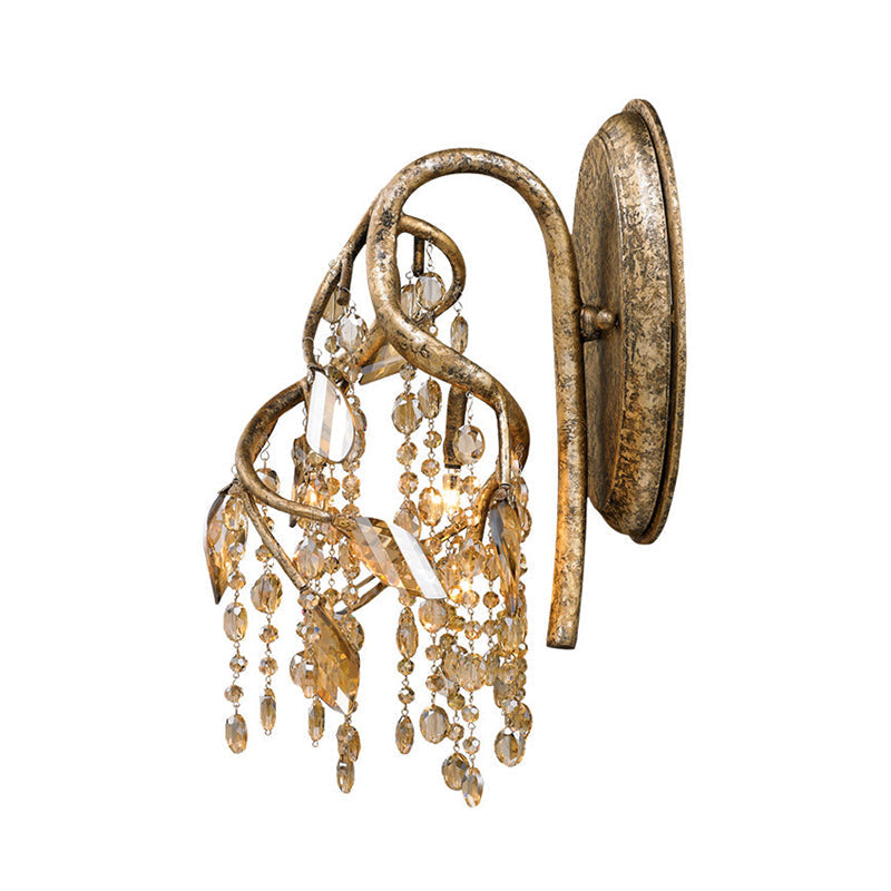 Siopsrl| Branching Wall-Mounted Lighting Vintage Metal 1 Bulb Brass Finish Wall Light with Amber Crystal Bead Accent