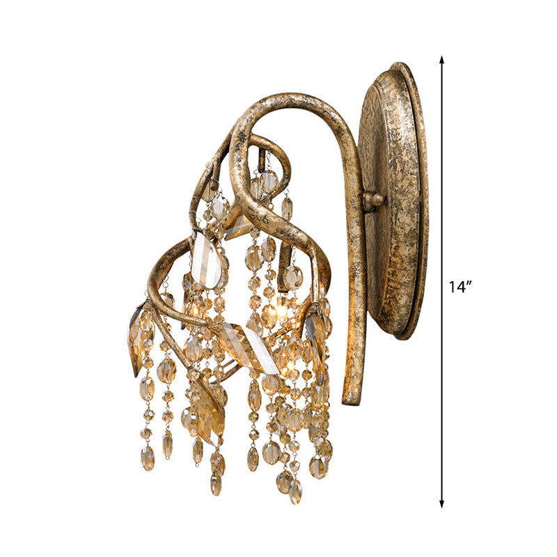 Siopsrl| Branching Wall-Mounted Lighting Vintage Metal 1 Bulb Brass Finish Wall Light with Amber Crystal Bead Accent